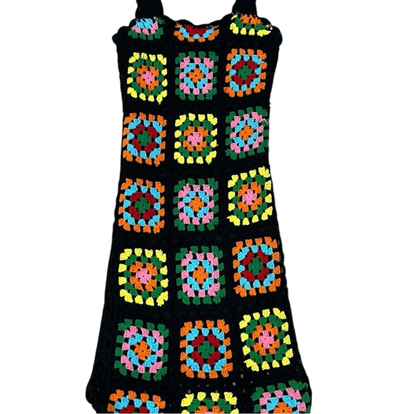 Emma & Posh Granny Square Black Mulicolor Afgan Crochet Boho Sheath Dress Small - Picture 6 of 7